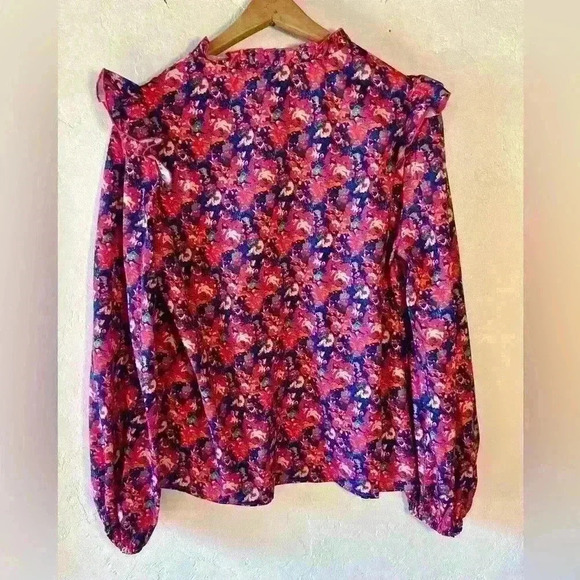 Bright Colored Floral Long Sleeve Blouse with Ruffles, Size Large - Picture 5 of 5